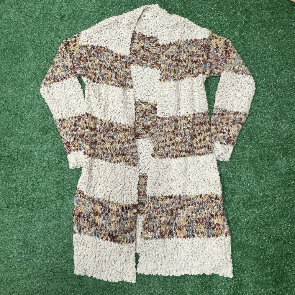 BKE Women’s Cream & Brown Striped Long Sleeve Cardigan Sweater Size Medium